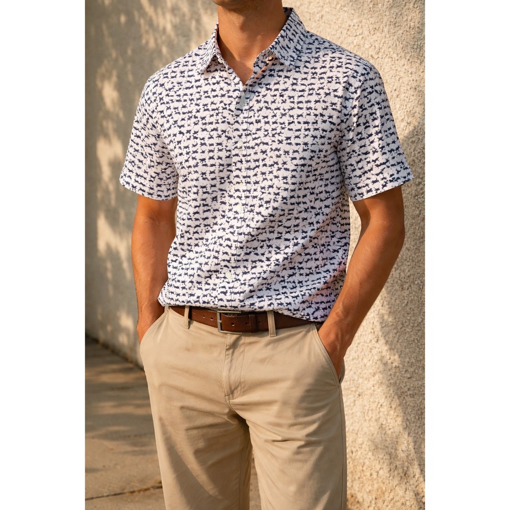 Old Navy Mens XL Shirt White Navy Blue Rabbit Print Built-In Flex Short Sleeve